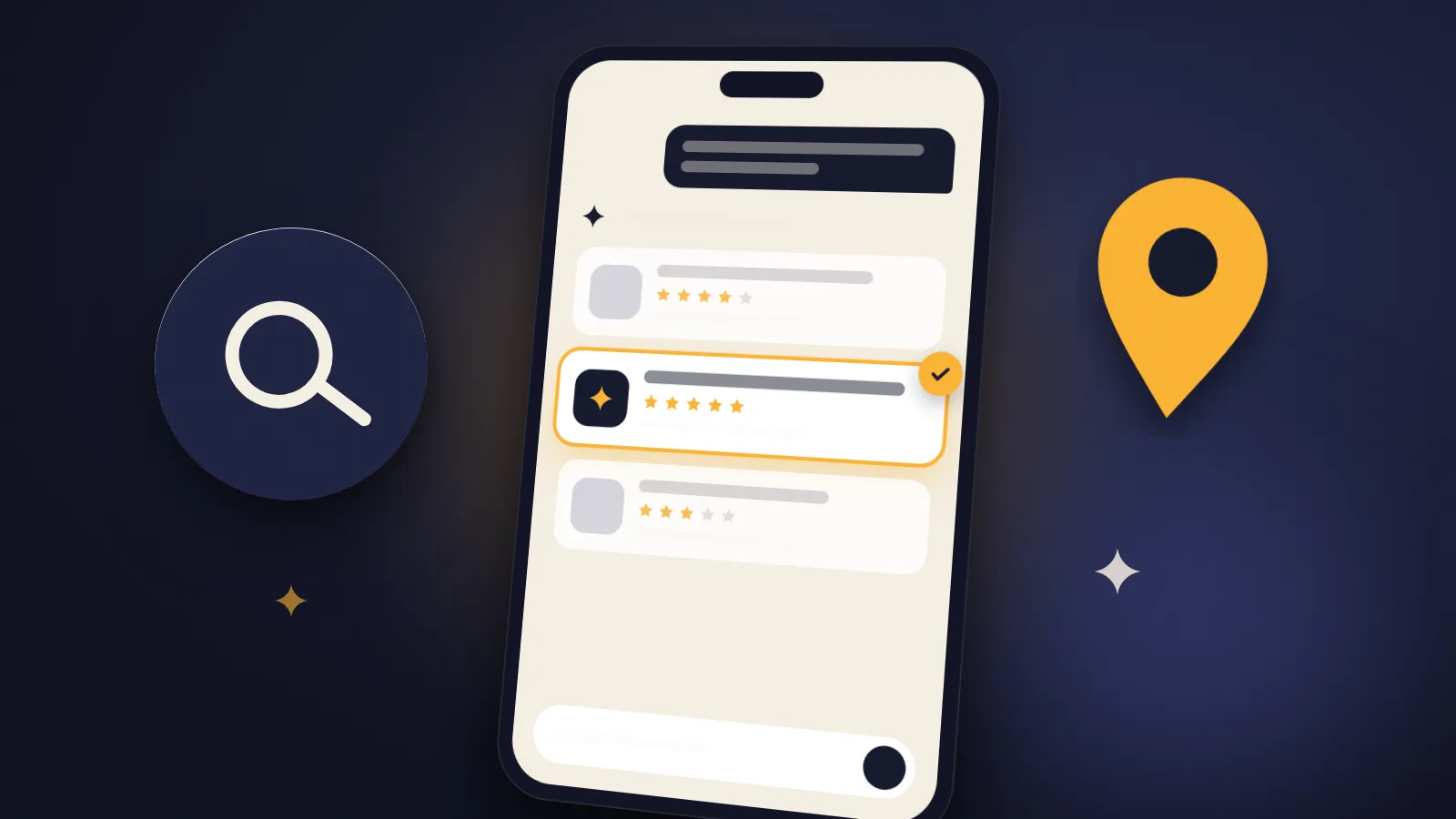 Ilustración: un celular donde un asistente de IA responde con tres negocios y recomienda uno.